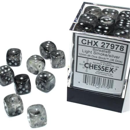 Time2Play 12 mm D6 Cube Borealis Luminary Dice, Light Smoke with Silver Pips, 36PK TI3301156